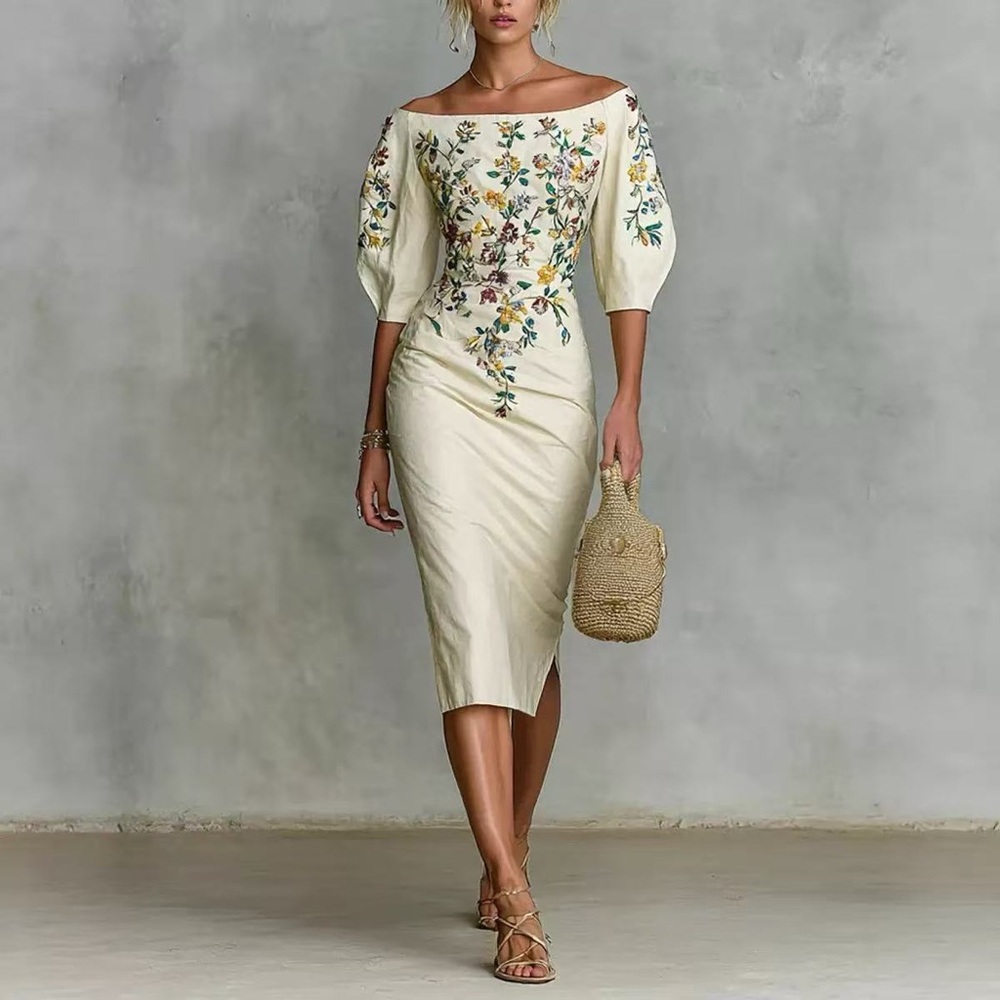 Zimmermann Off-Shoulder Cream Floral Embroidered Midi Dress - Picture 1 of 3